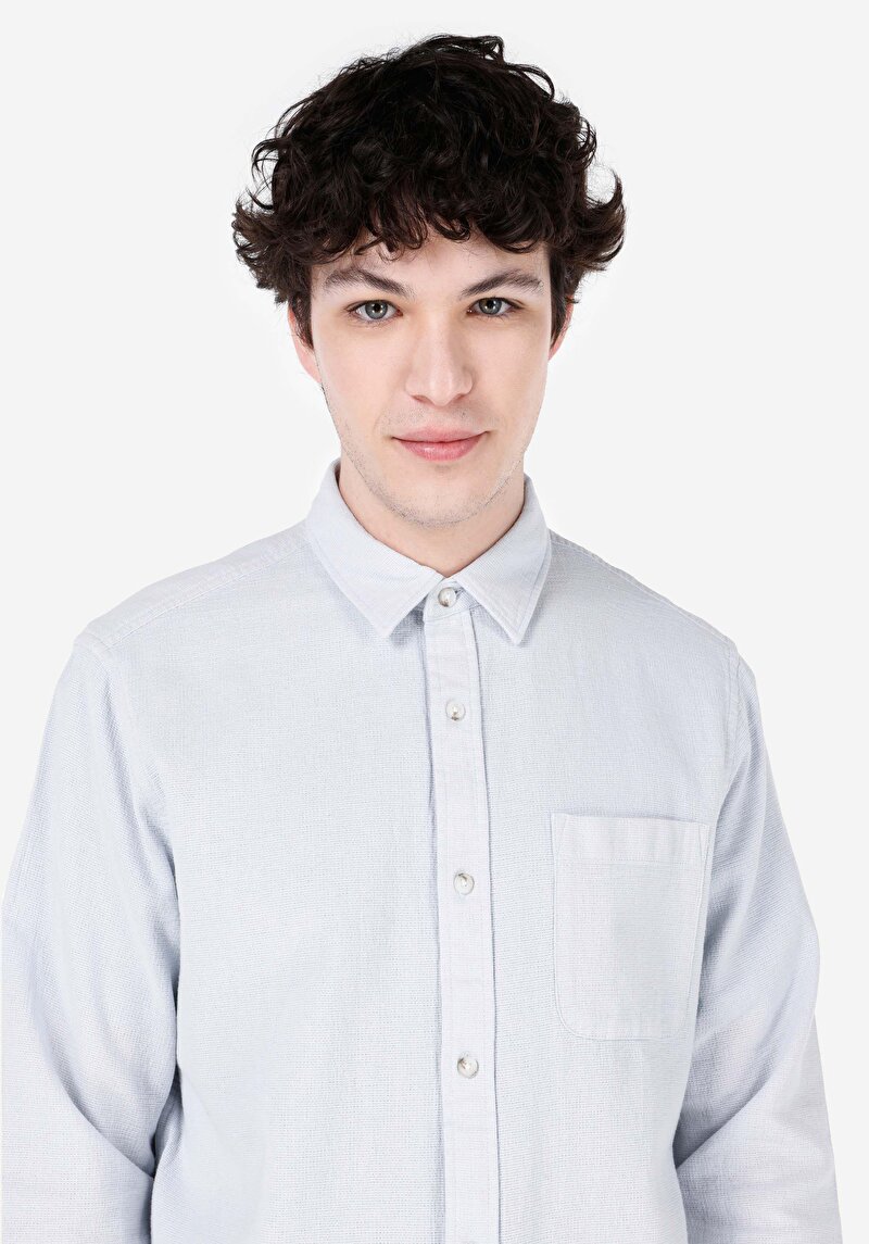 Comfort Fit Shirt Neck Düz Cepli Erkek Mavi Uzun Kol Gömlek