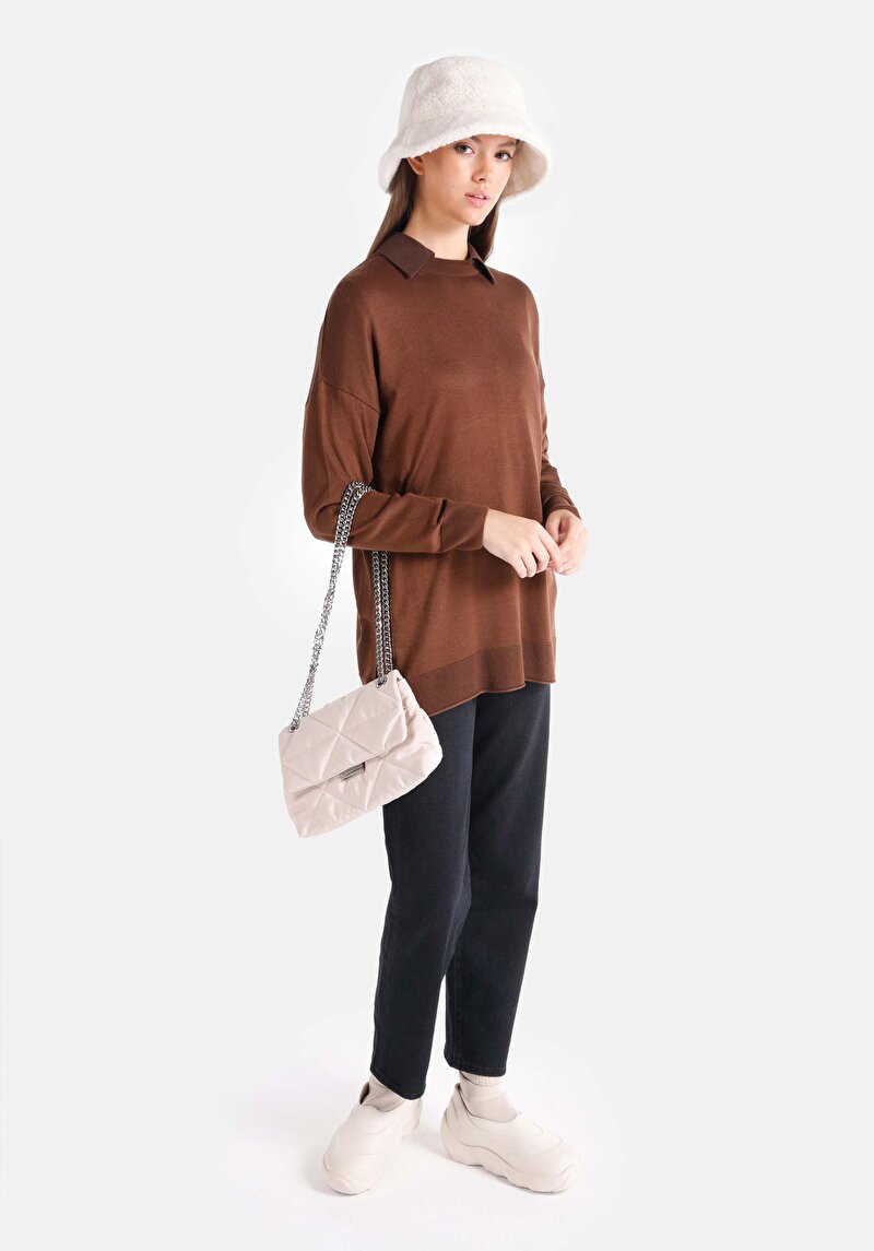 Regular Fit Yuvarlak Yaka Düz Kadın Kahverengi Kazak