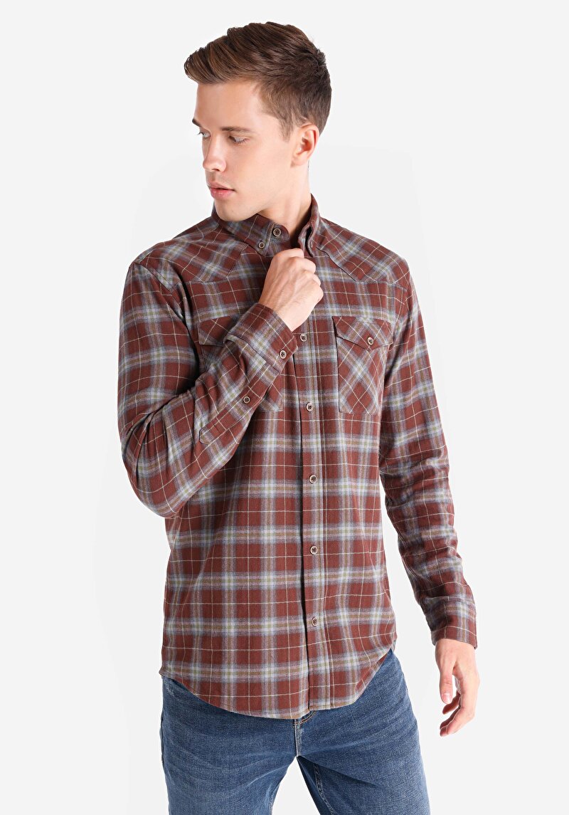Regular Fit Pamuklu Shirt Neck Ekoseli Erkek Kahverengi Uzun Kol Gömlek