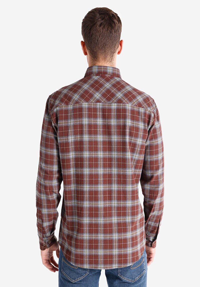 Regular Fit Pamuklu Shirt Neck Ekoseli Erkek Kahverengi Uzun Kol Gömlek