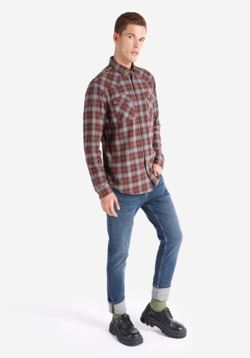Regular Fit Pamuklu Shirt Neck Ekoseli Erkek Kahverengi Uzun Kol Gömlek