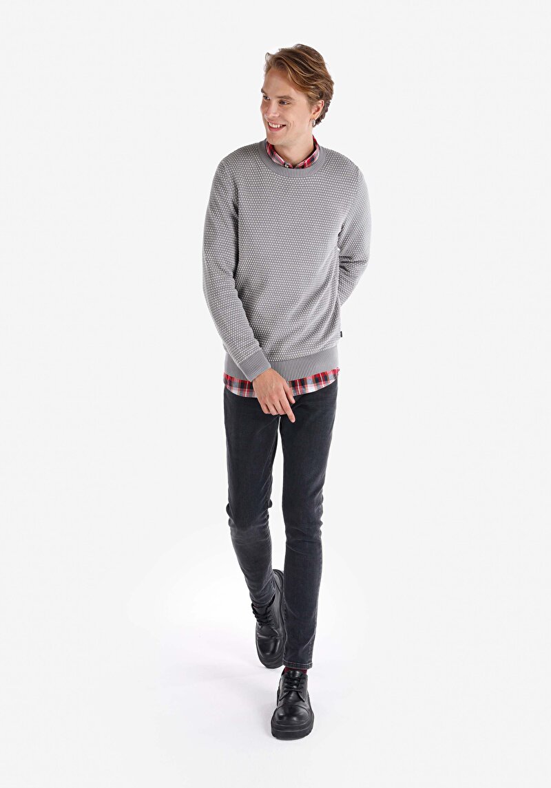 Regular Fit Yuvarlak Yaka Jakarlı Erkek Antrasit Kazak