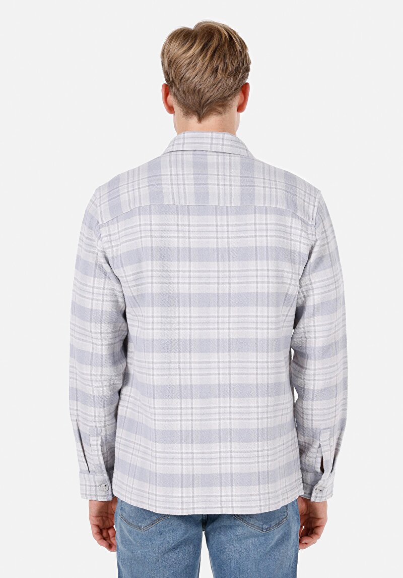 Comfort Fit Shirt Neck Ekoseli Erkek Mavi Shacket