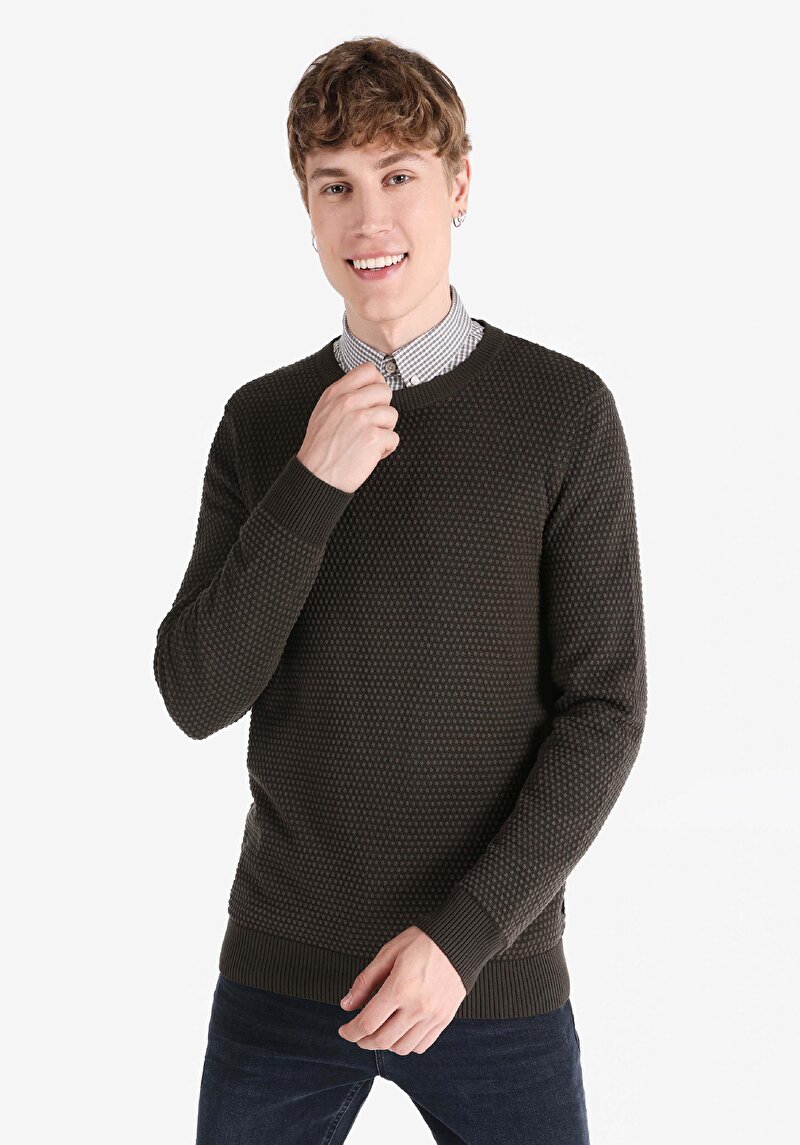 Regular Fit Yuvarlak Yaka Jakarlı Erkek Yeşil Kazak