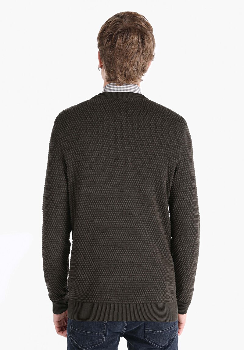 Regular Fit Yuvarlak Yaka Jakarlı Erkek Yeşil Kazak