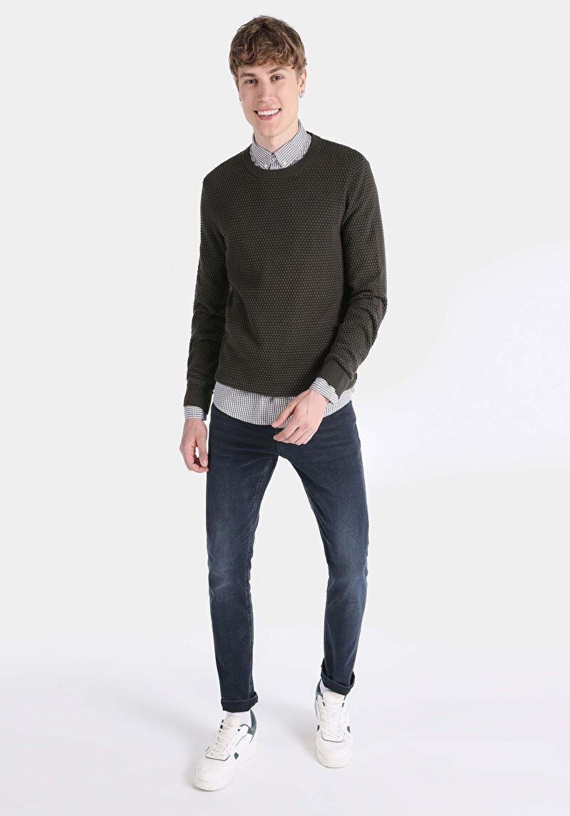 Regular Fit Yuvarlak Yaka Jakarlı Erkek Yeşil Kazak