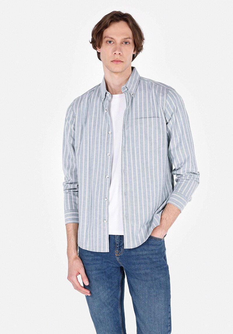 Slim Fit Shirt Neck Çizgili Erkek Yeşil Uzun Kol Gömlek