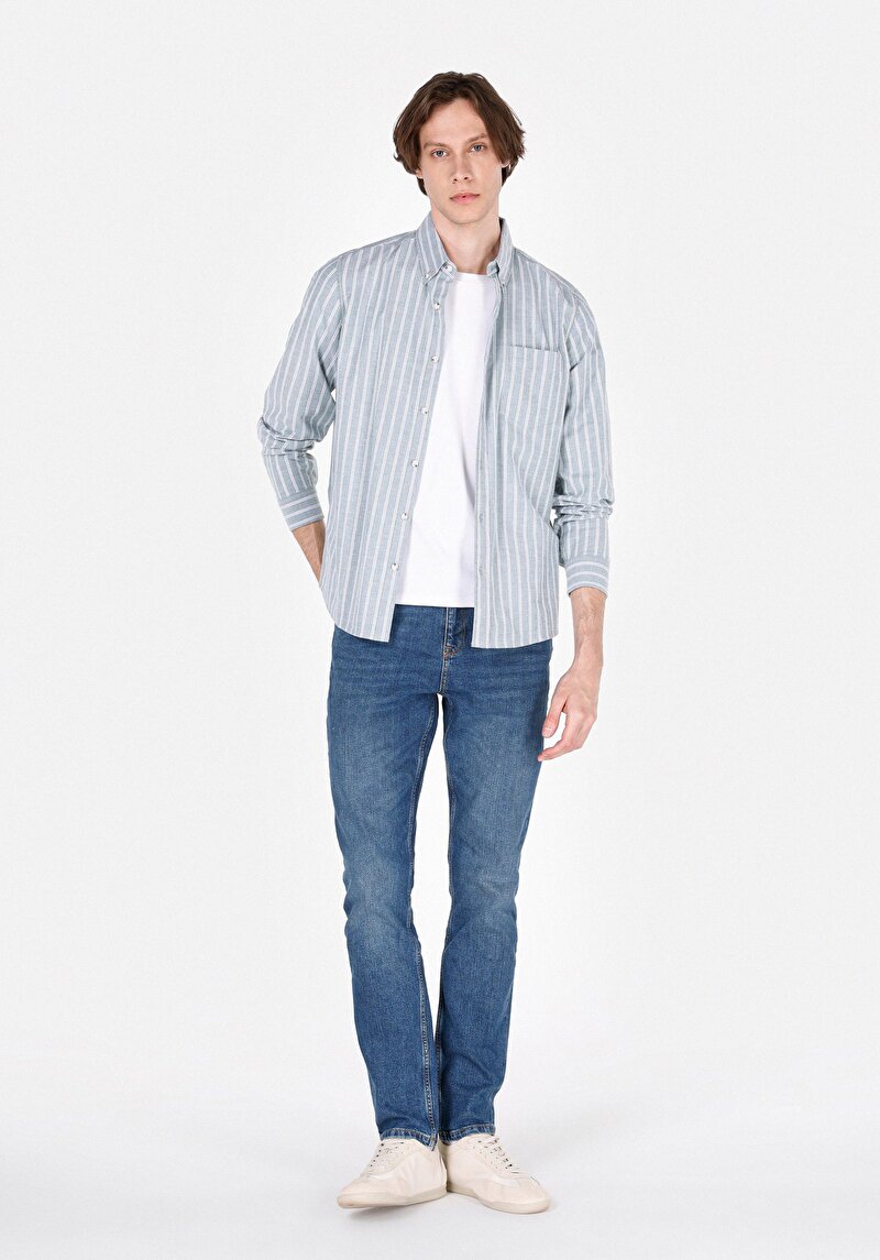 Slim Fit Shirt Neck Çizgili Erkek Yeşil Uzun Kol Gömlek