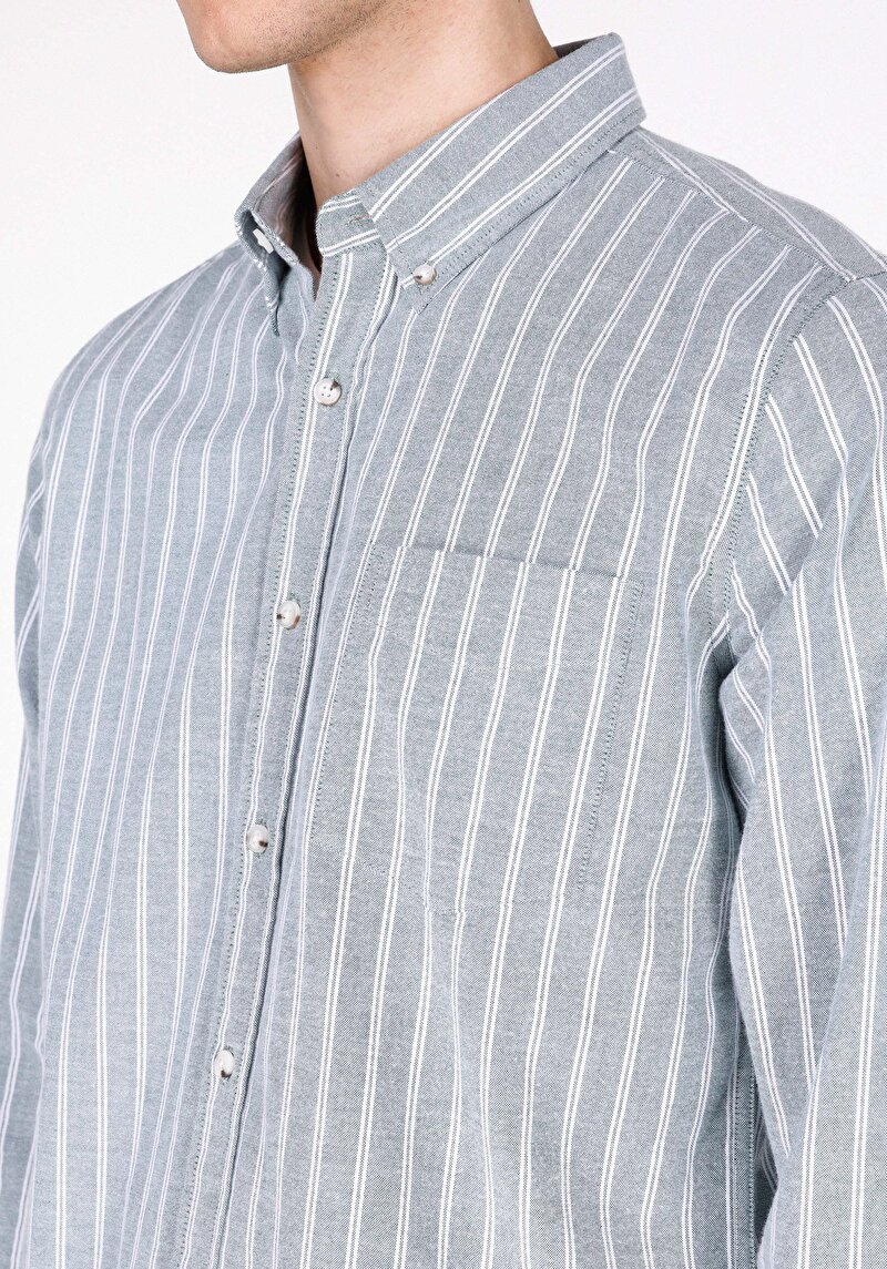 Slim Fit Shirt Neck Çizgili Erkek Yeşil Uzun Kol Gömlek