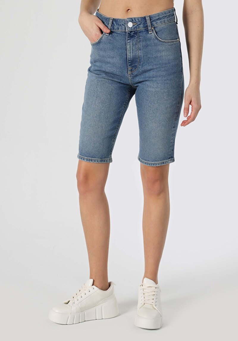 Slim Straight Fit Yüksek Bel Kadın İndigo Jean Şort
