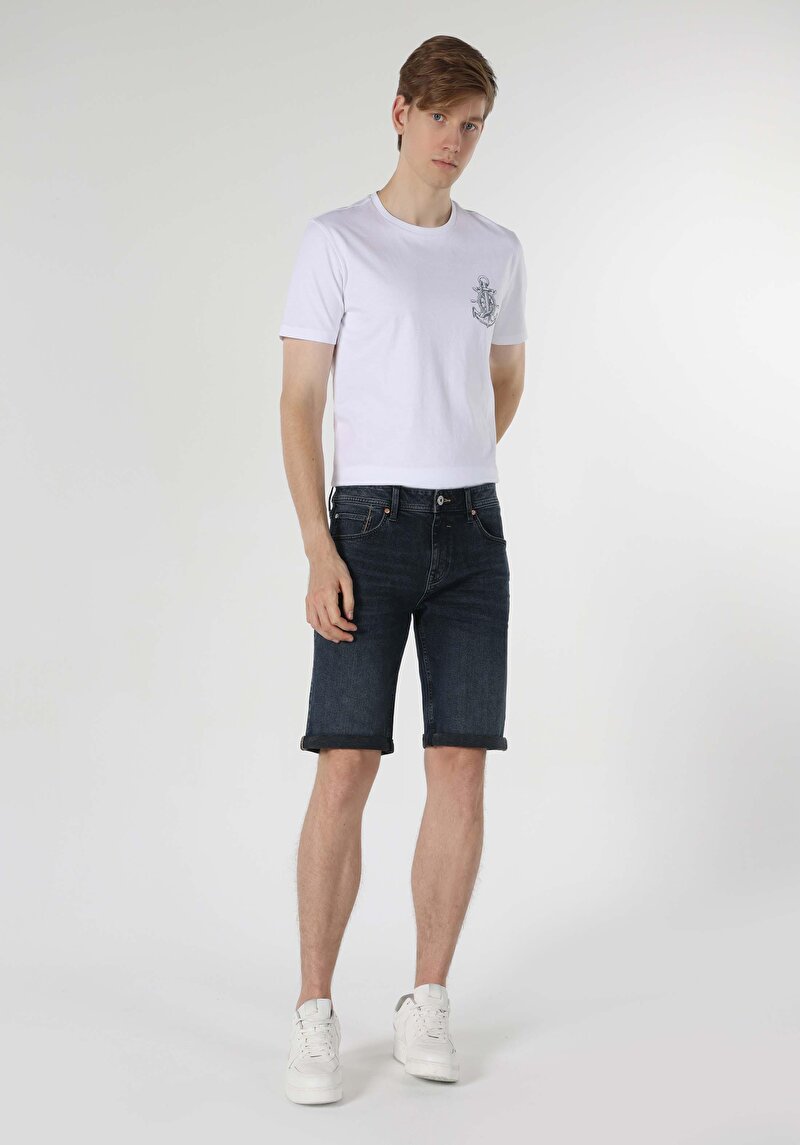 Straight Fit Düşük Bel Düz Paça Erkek Blue Black Denim Jean Şort