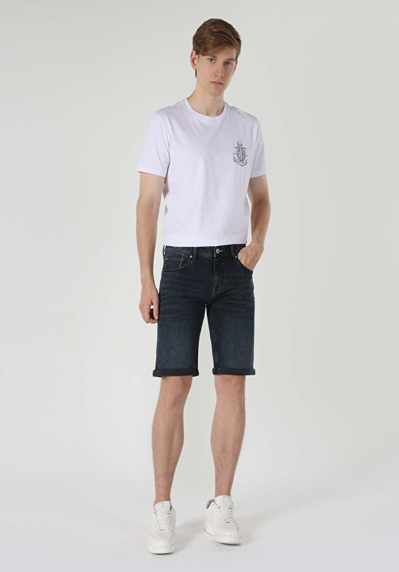 Straight Fit Düşük Bel Düz Paça Erkek Blue Black Denim Jean Şort