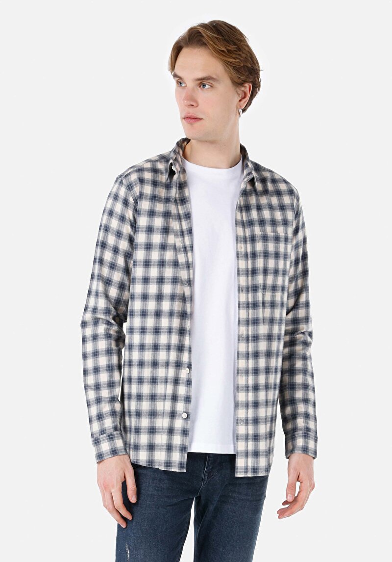 Regular Fit Shirt Neck Kareli Erkek Mavi Uzun Kol Gömlek