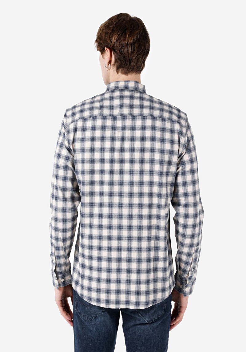 Regular Fit Shirt Neck Kareli Erkek Mavi Uzun Kol Gömlek