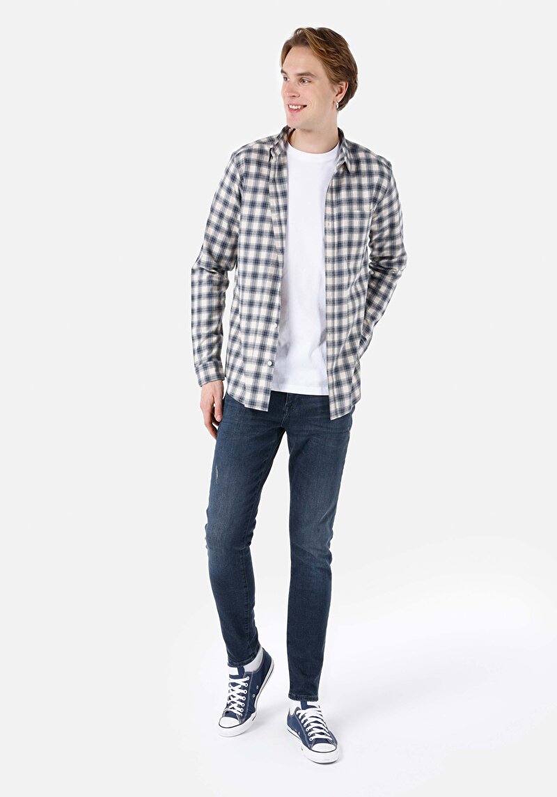 Regular Fit Shirt Neck Kareli Erkek Mavi Uzun Kol Gömlek