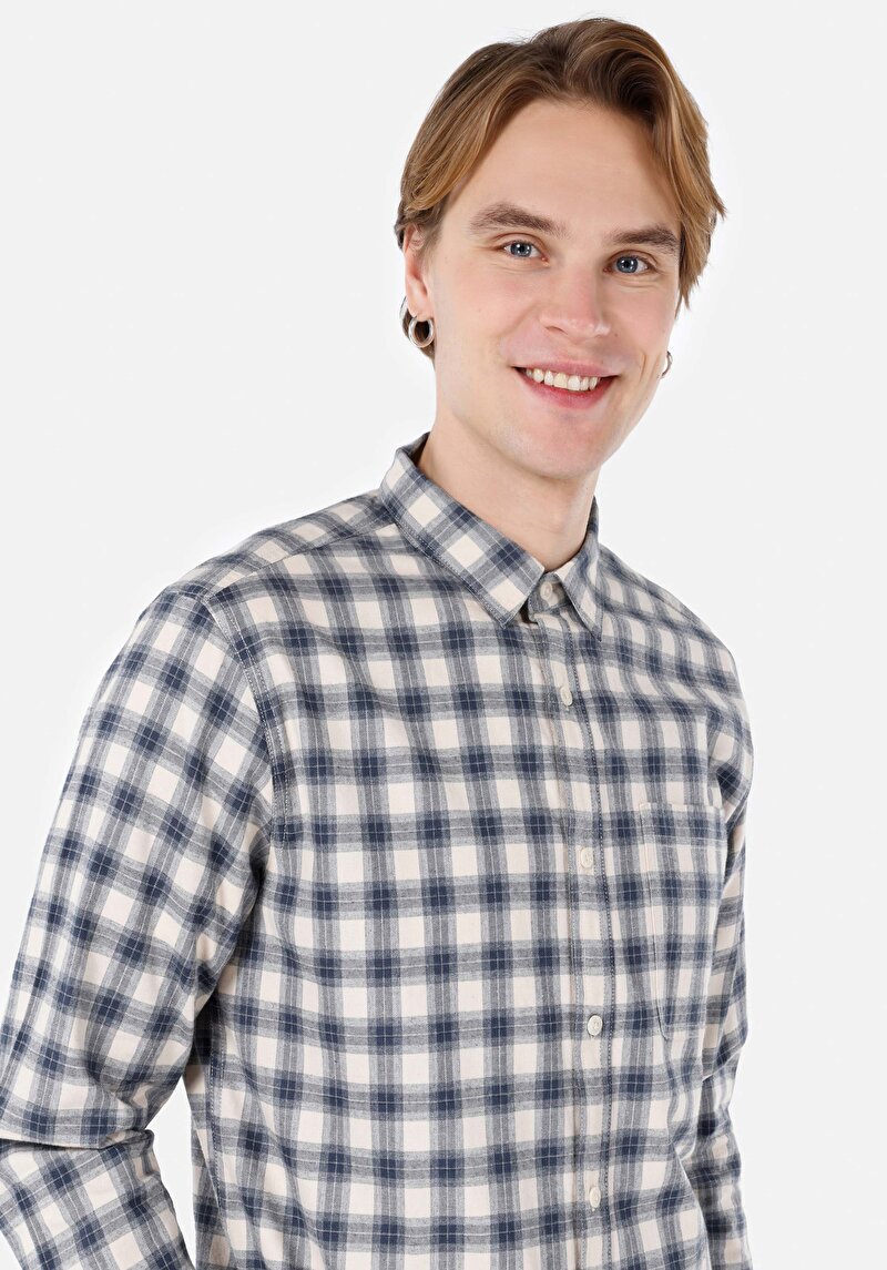 Regular Fit Shirt Neck Kareli Erkek Mavi Uzun Kol Gömlek