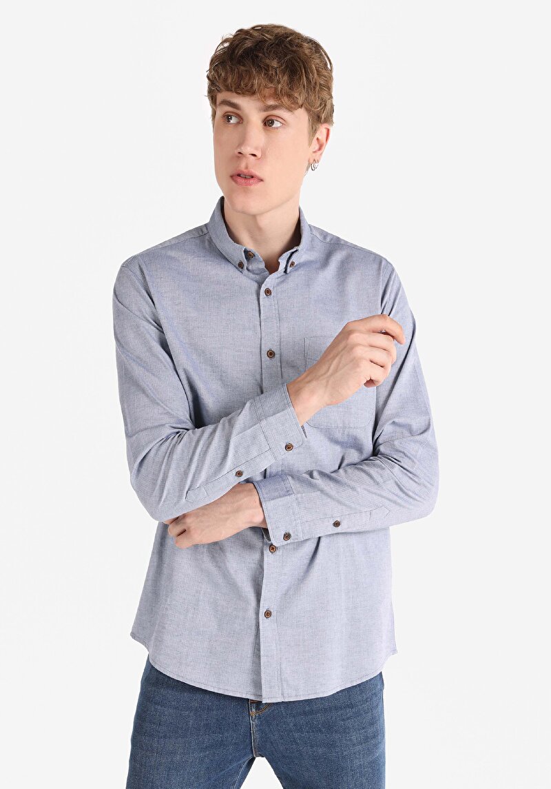 Regular Fit Shirt Neck Düz Erkek Mavi Uzun Kol Gömlek