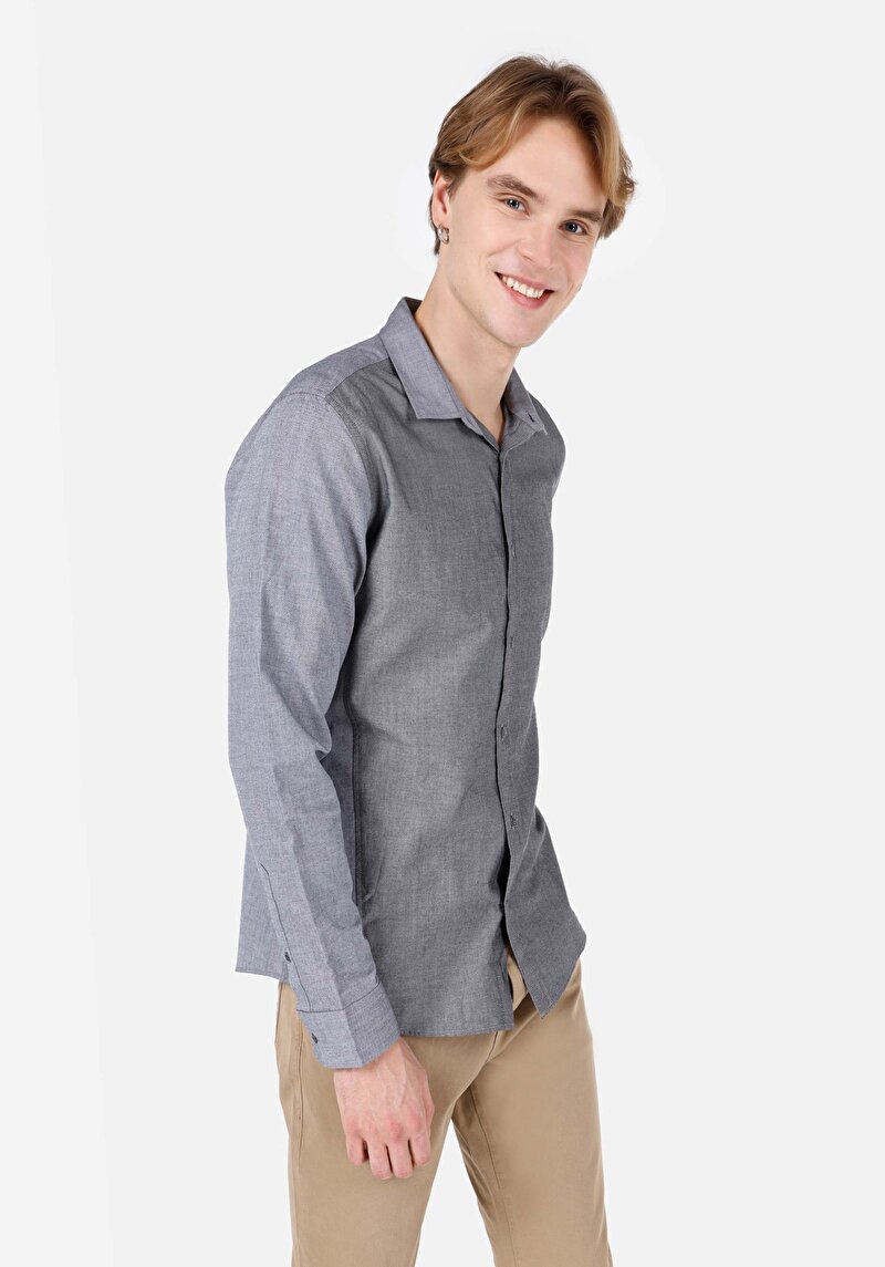 Slim Fit Shirt Neck Düz Erkek Gri Uzun Kol Gömlek