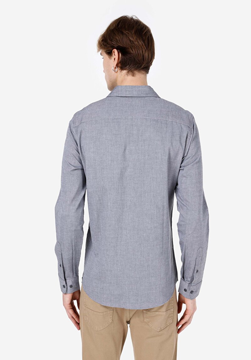 Slim Fit Shirt Neck Düz Erkek Gri Uzun Kol Gömlek