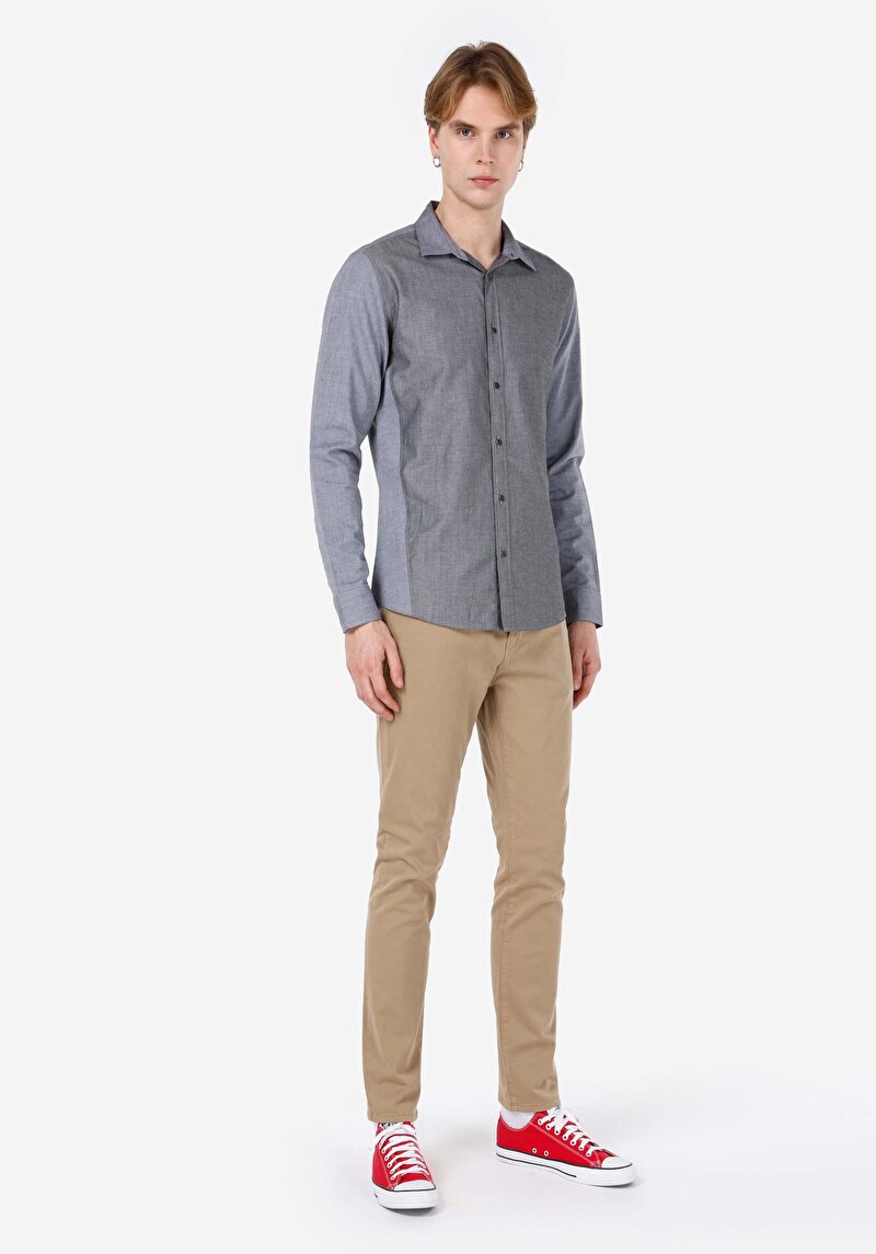 Slim Fit Shirt Neck Düz Erkek Gri Uzun Kol Gömlek