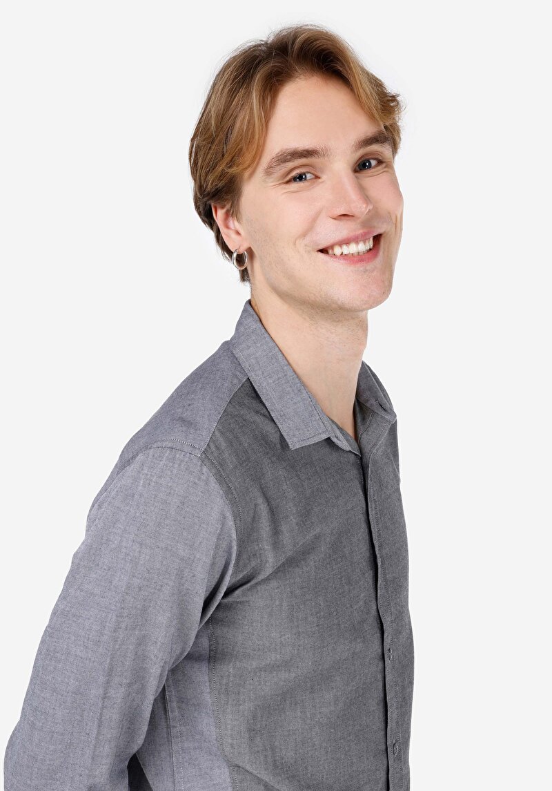 Slim Fit Shirt Neck Düz Erkek Gri Uzun Kol Gömlek