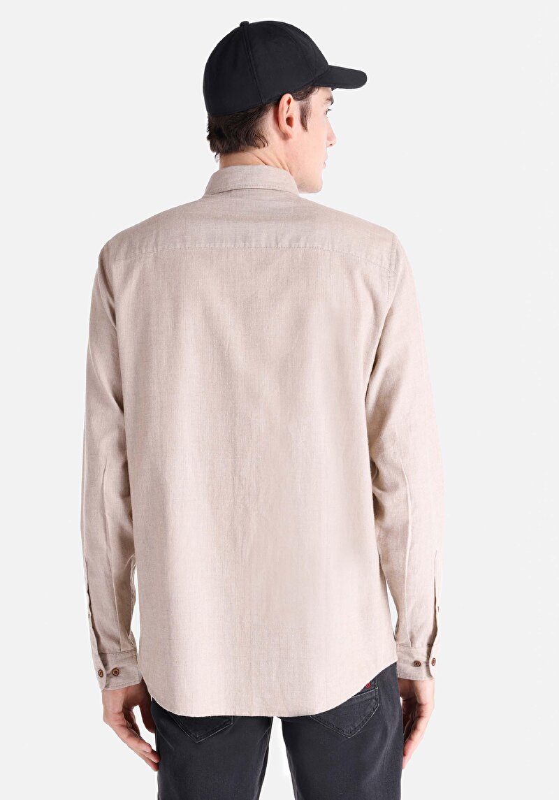 Regular Fit Shirt Neck Düz Erkek Bej Uzun Kol Gömlek