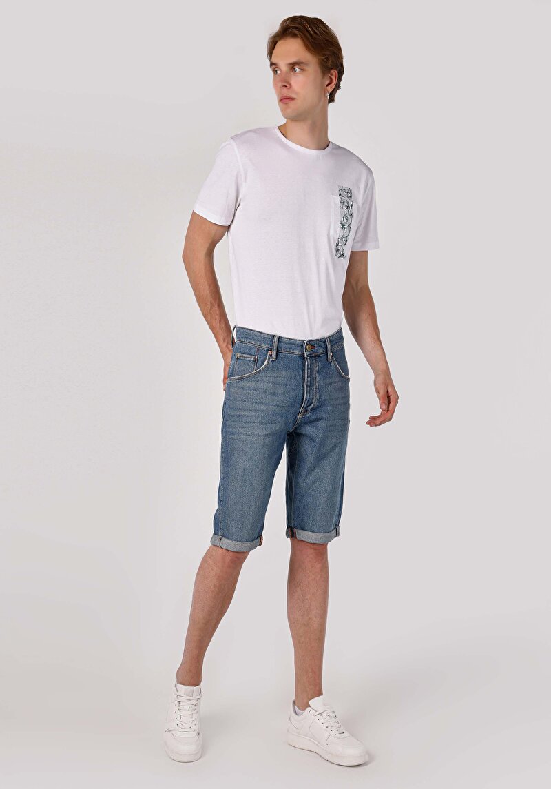 Anti Fit Orta Bel Düz Erkek İndigo Jean Şort