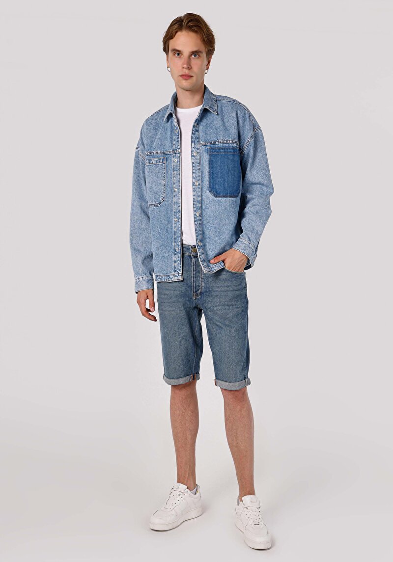 Anti Fit Orta Bel Düz Erkek İndigo Jean Şort