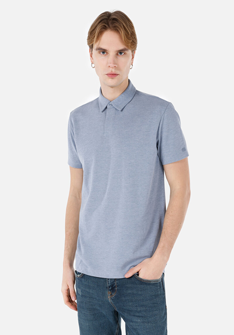 Regular Fit Polo Yaka Düz Erkek Mavi Kısa Kol Tişört