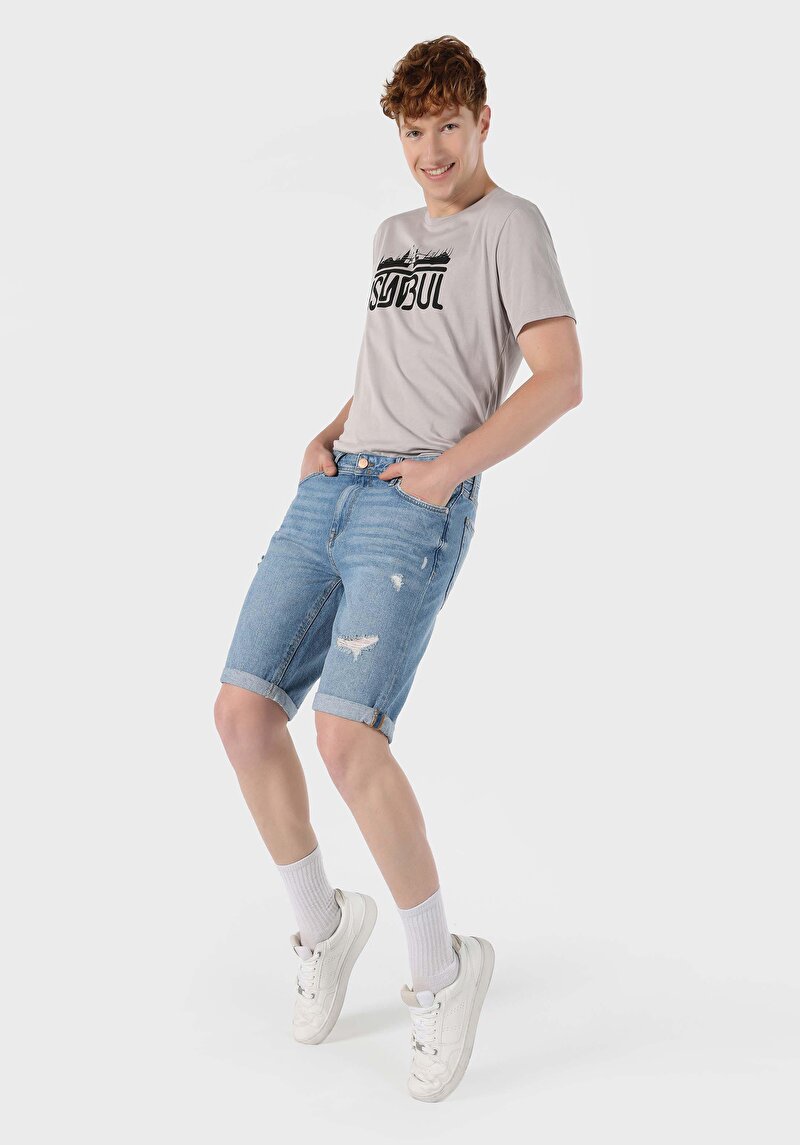 Regular Fit Orta Bel Düz Erkek İndigo Jean Şort