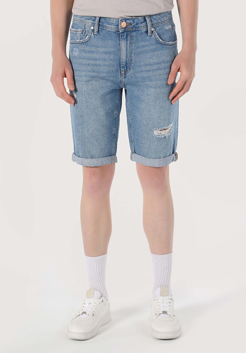Regular Fit Orta Bel Düz Erkek İndigo Jean Şort