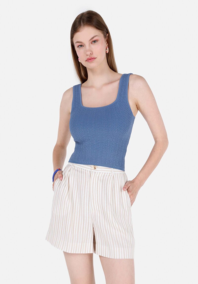 Slim Fit Kare Yaka Kadın Mavi Askılı Triko Kazak