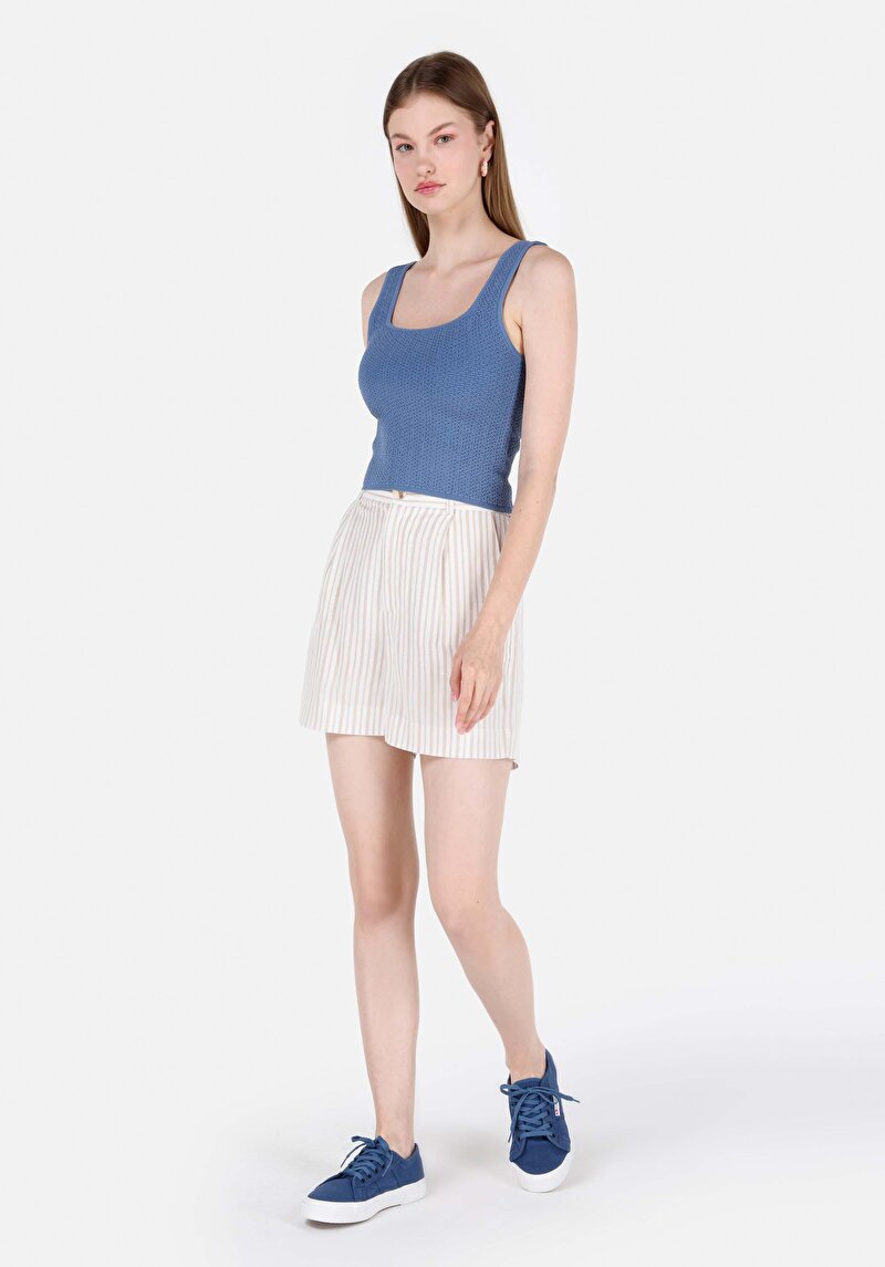 Slim Fit Kare Yaka Kadın Mavi Askılı Triko Kazak