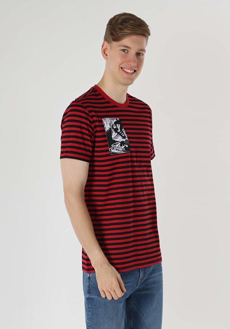 Regular Fit Yuvarlak Yaka Çizgili Erkek Kirmizi Kısa Kol Tişört