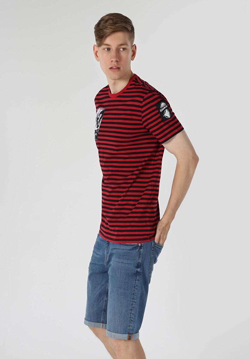 Regular Fit Yuvarlak Yaka Çizgili Erkek Kirmizi Kısa Kol Tişört