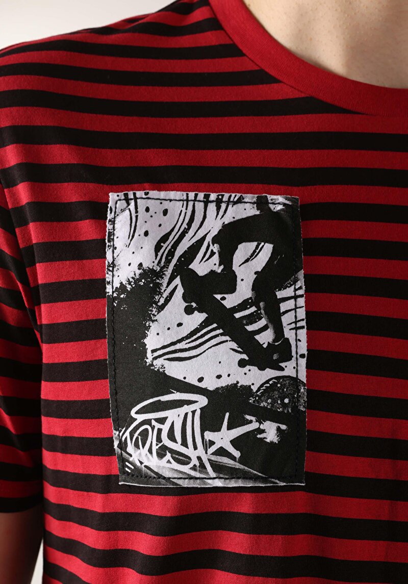 Regular Fit Yuvarlak Yaka Çizgili Erkek Kirmizi Kısa Kol Tişört