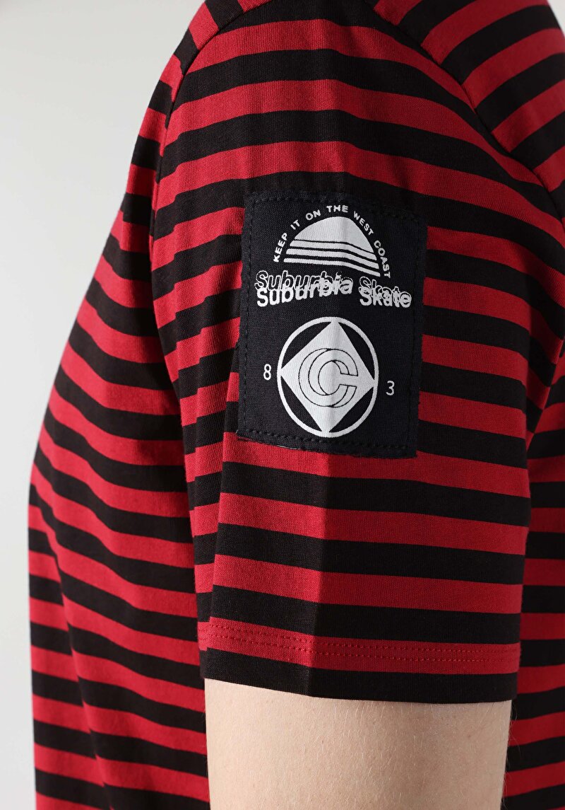 Regular Fit Yuvarlak Yaka Çizgili Erkek Kirmizi Kısa Kol Tişört