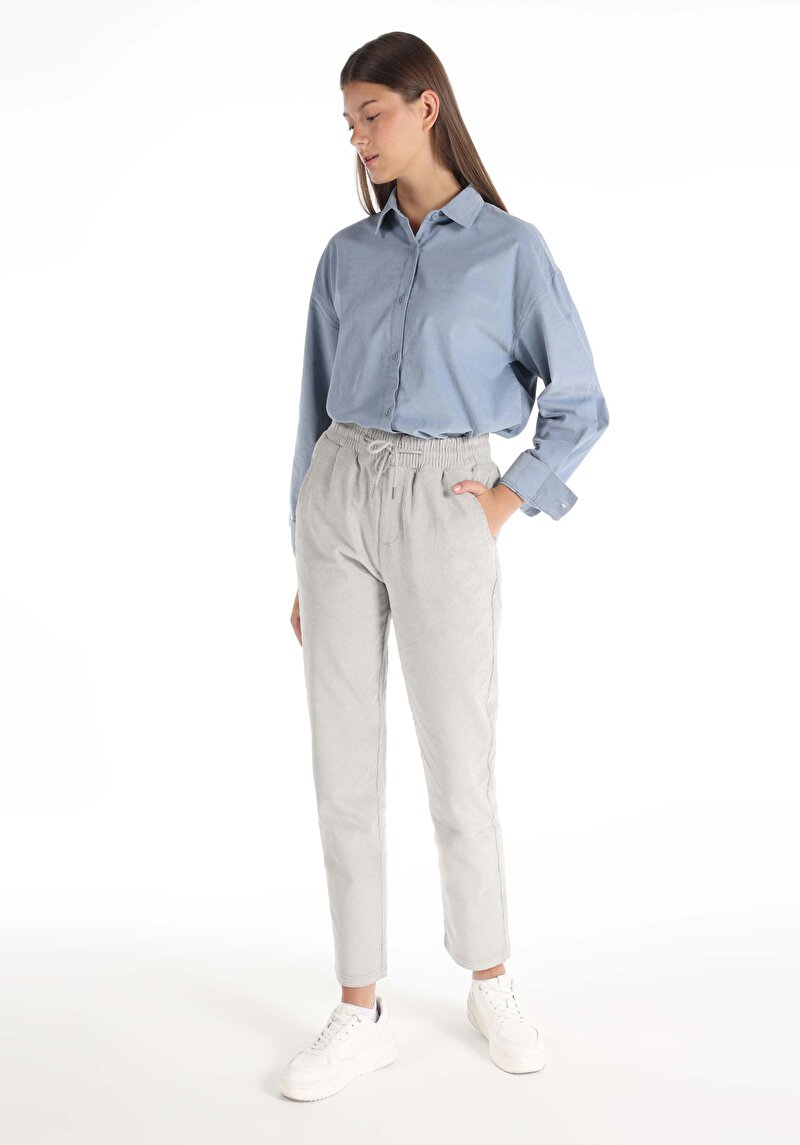 Regular Fit Yüksek Bel Düz Paça Kadın Gri Pantolon