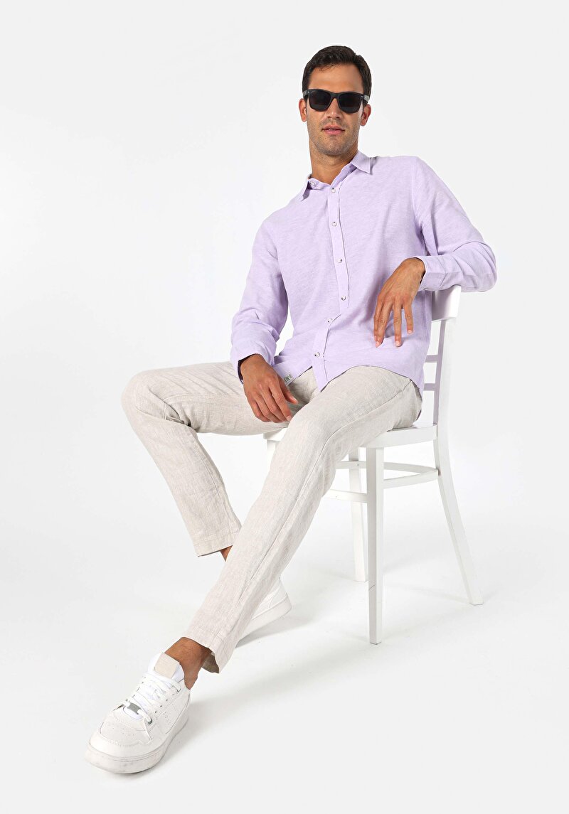 Comfort Fit Shirt Neck Düz Erkek Mor Uzun Kol Gömlek