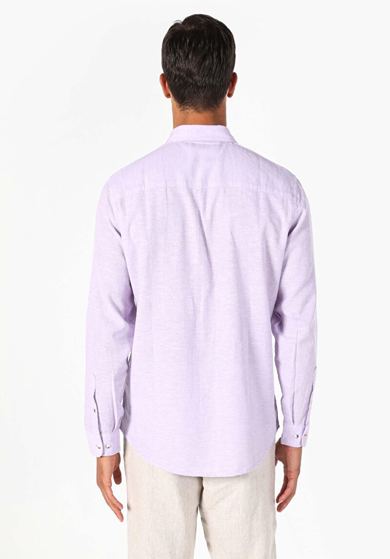 Comfort Fit Shirt Neck Düz Erkek Mor Uzun Kol Gömlek