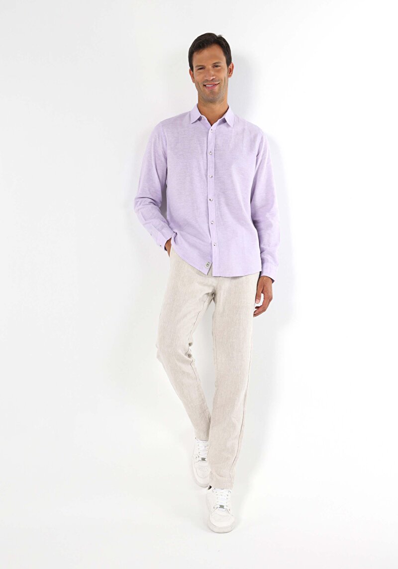 Comfort Fit Shirt Neck Düz Erkek Mor Uzun Kol Gömlek