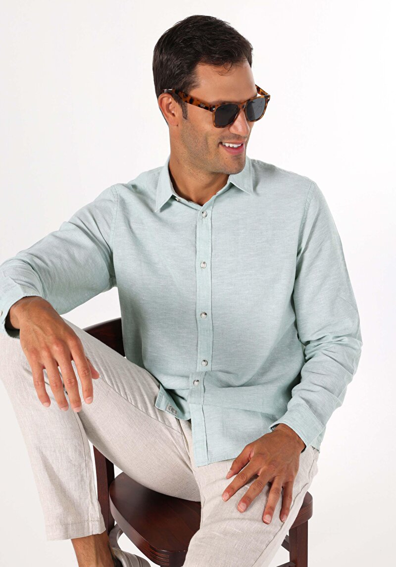 Comfort Fit Shirt Neck Düz Erkek Yeşil Uzun Kol Gömlek