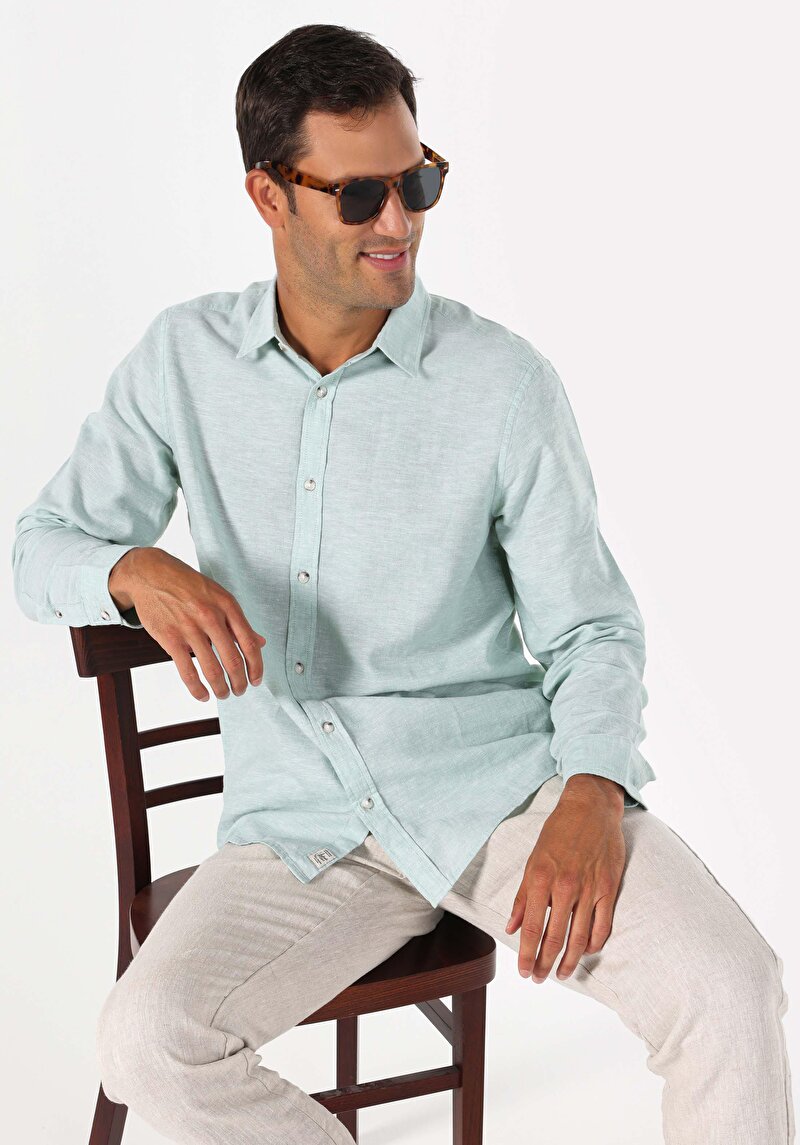 Comfort Fit Shirt Neck Düz Erkek Yeşil Uzun Kol Gömlek