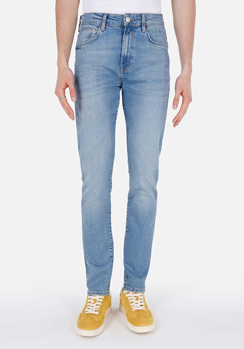 Skinny Fit Fermuarlı Erkek İndigo Jean Pantolon