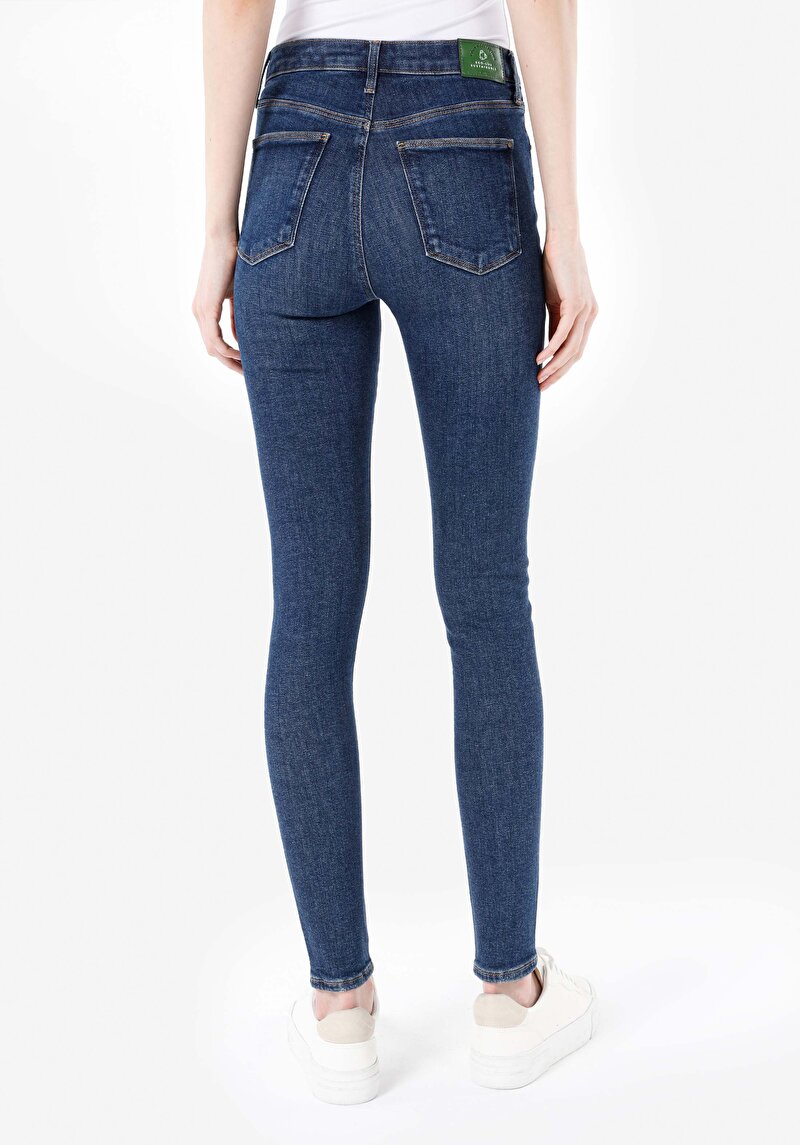 Skinny Fit Orta Bel Dar Paça Cepli Kadın İndigo Jean Pantolon