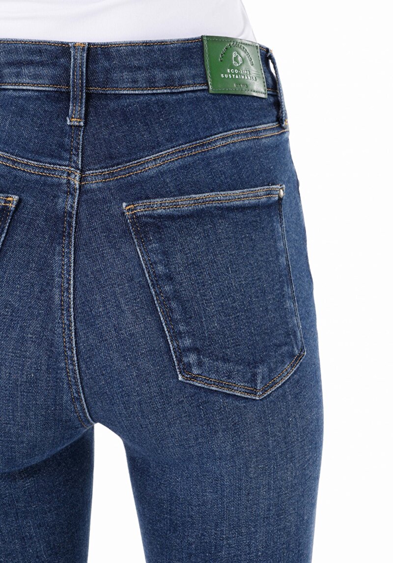 Skinny Fit Orta Bel Dar Paça Cepli Kadın İndigo Jean Pantolon