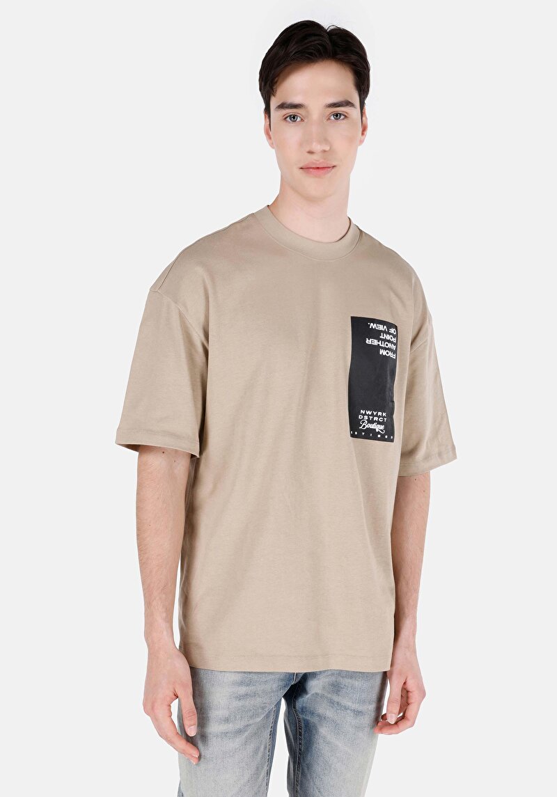 Oversize Fit Yuvarlak Yaka Düz Erkek Bej Kısa Kol Tişört