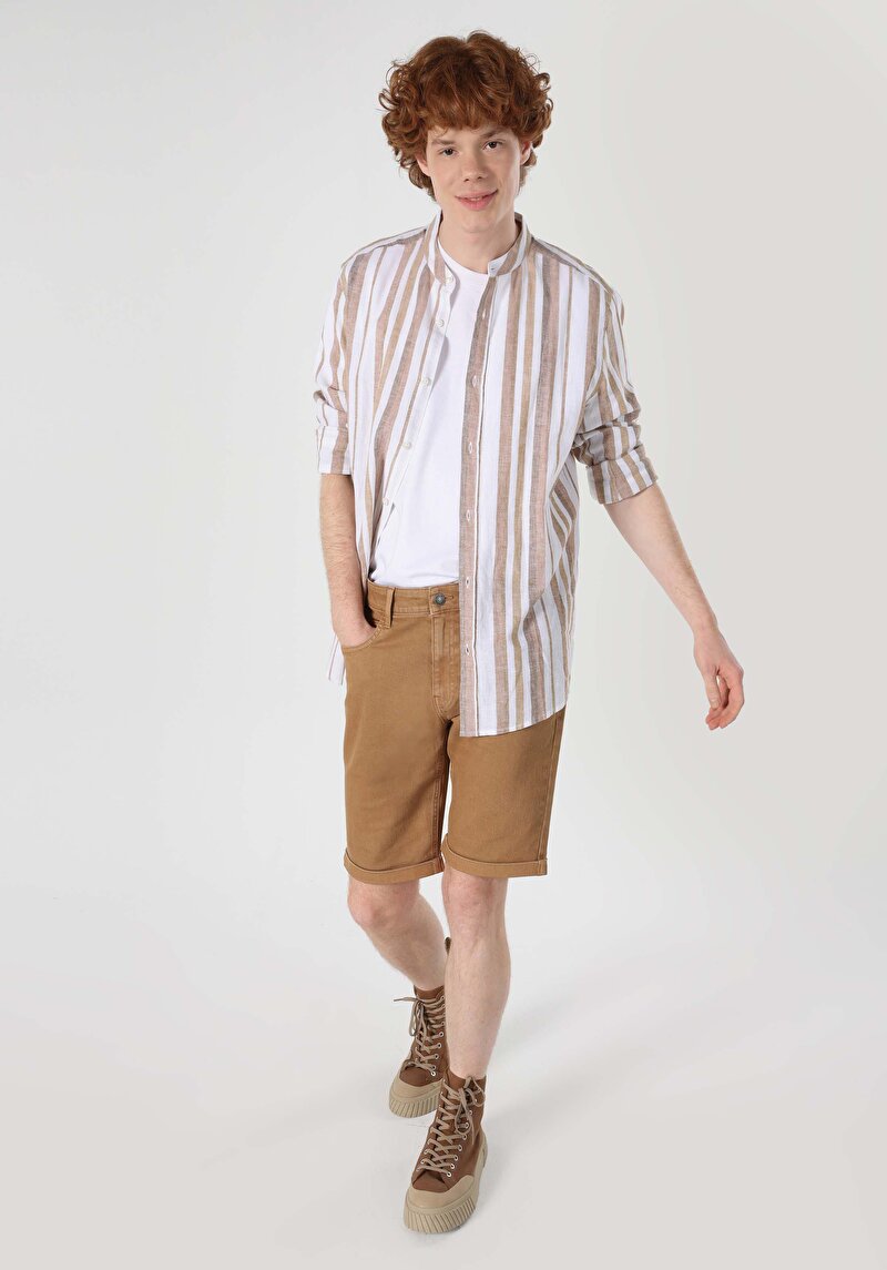 Regular Fit Hakim Yaka Çizgili Erkek Bej Uzun Kol Gömlek