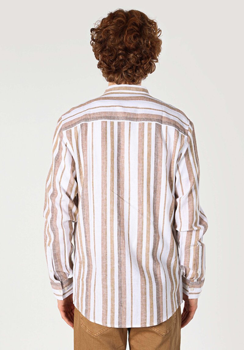 Regular Fit Hakim Yaka Çizgili Erkek Bej Uzun Kol Gömlek