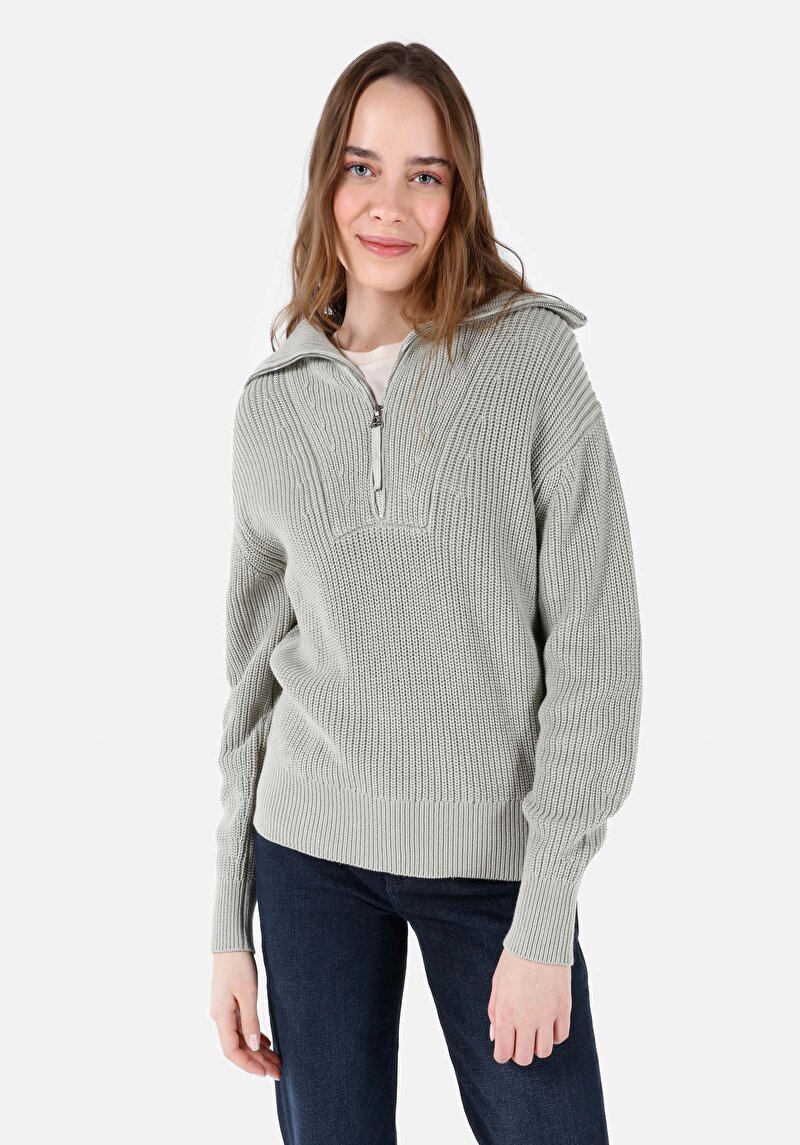 Regular Fit Fermuarlı Düz Kadın Yeşil Kazak